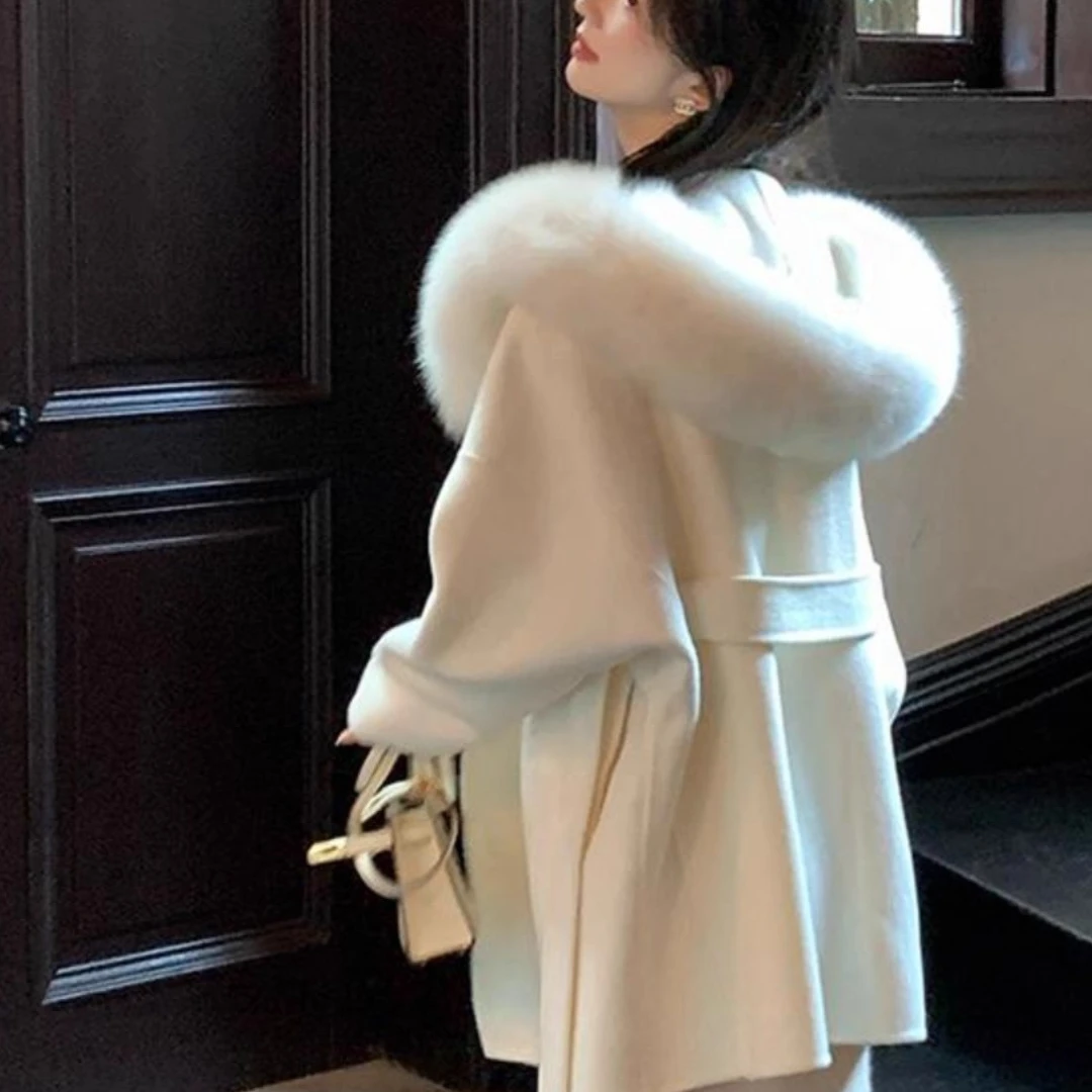 法芬图白色双面绒大衣女2025秋春装新款小个子高级感斗篷毛呢