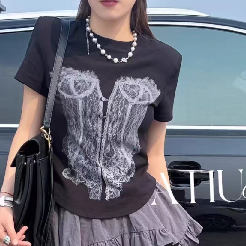 25124-简约蕾丝印花黑色圆领短袖T恤女夏季新款修身时尚镂空上衣