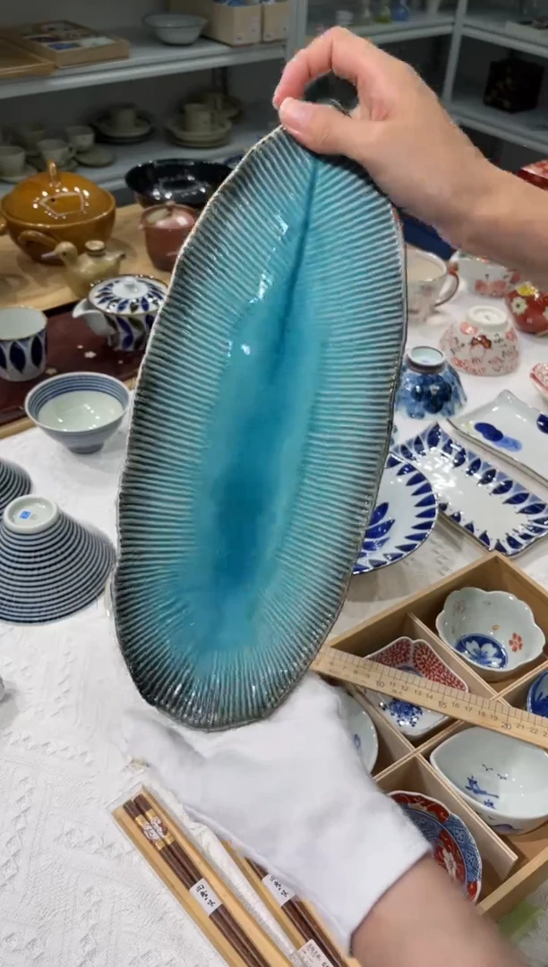 搪瓷蓝染晴空叶型盘孤品