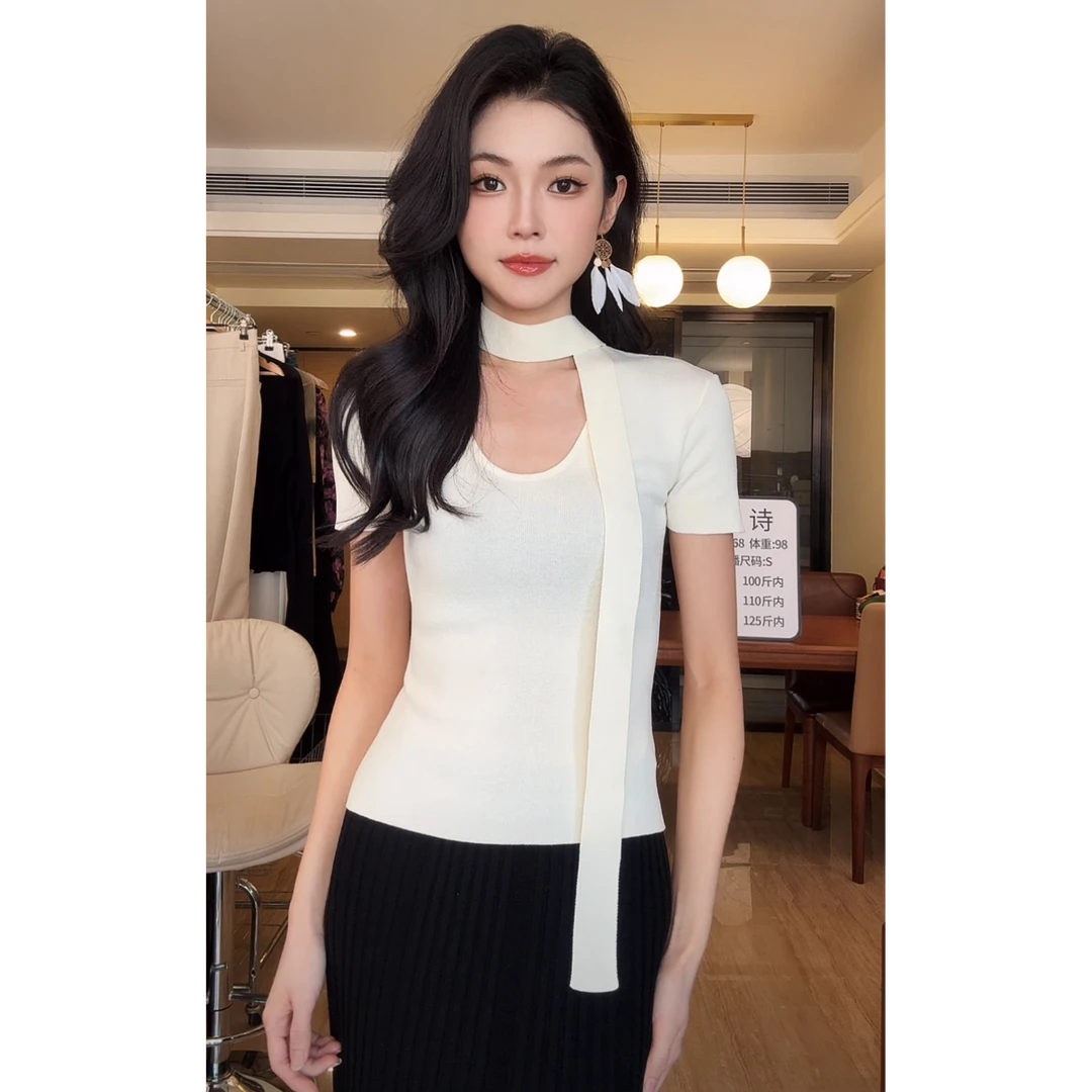 ZOUYASHIFA 气质飘带圆领针织衫T恤上衣 YSA8888