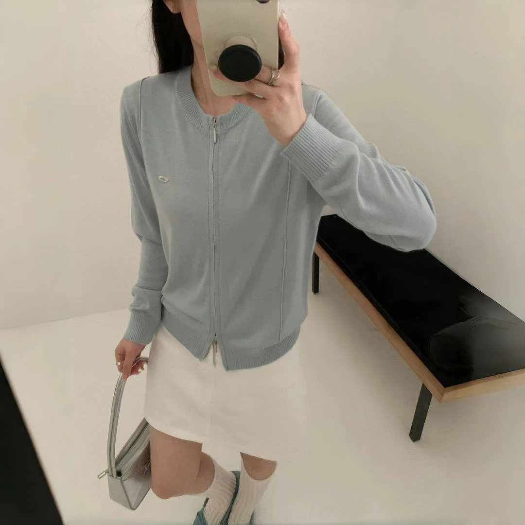 休闲风圆领纯色薄款针织开衫毛针织拉链衫韩版休闲百搭气质时尚女