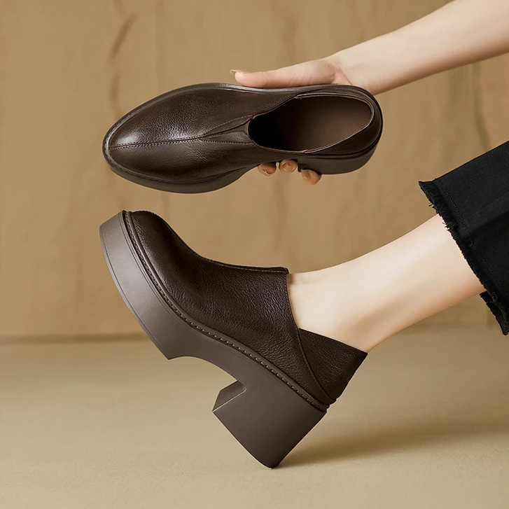 头层羊皮7cm踩后跟两穿尖头四季单鞋厚底增高显瘦舒适防水台百搭