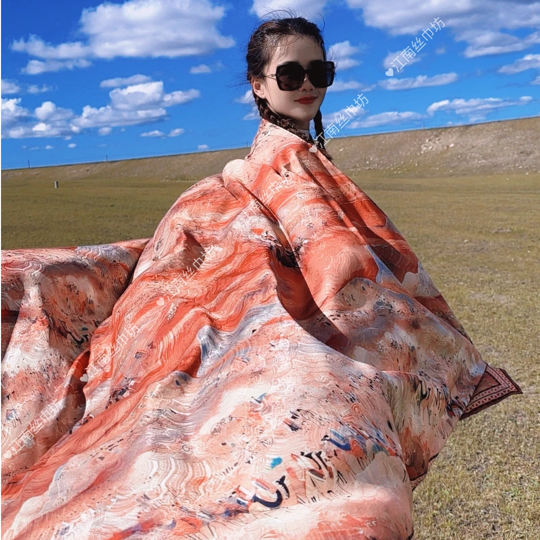 【昭君出塞】香云花萝围巾提花手工卷边140CM方巾气质披肩