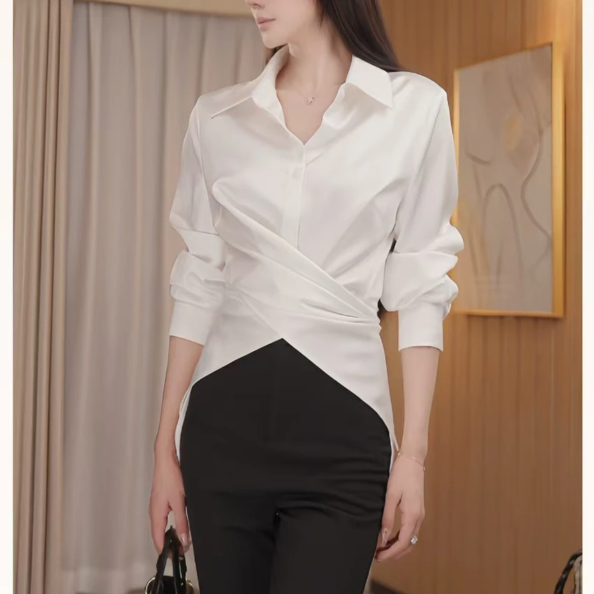 春季新款高级气质缎面显瘦衬衣打底设计感时尚气质收腰长袖衬衫