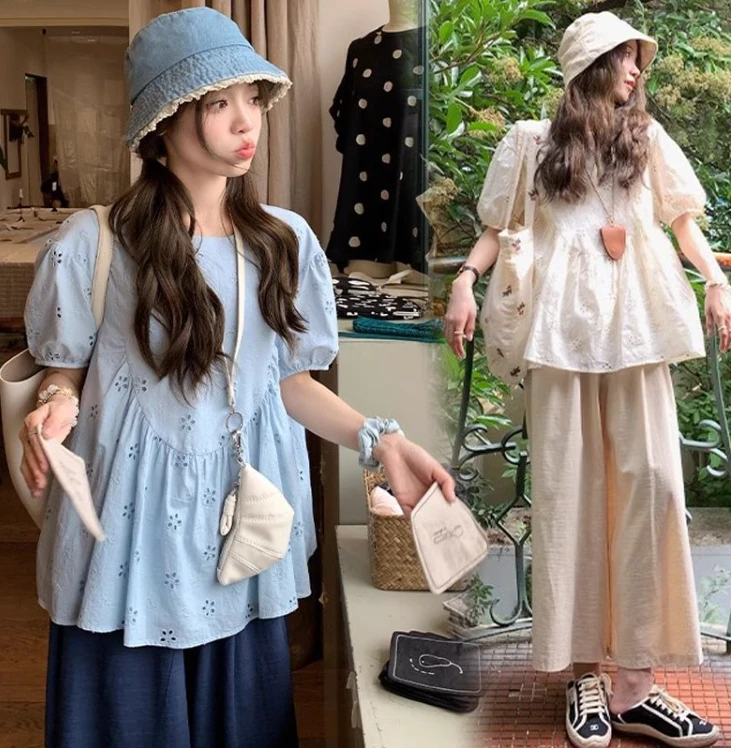 2025夏季新款镂空大码女装刺绣衬衫胖mm宽松遮肉显瘦短袖上衣8225