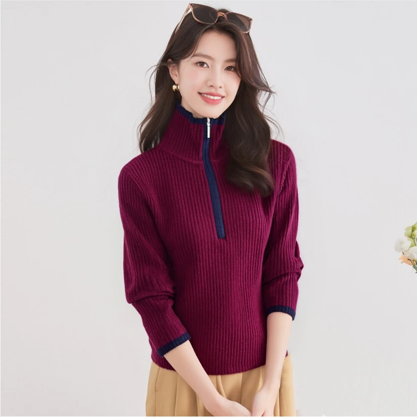 100%绵羊毛长袖半拉链撞色女式羊毛衫25DAK1630