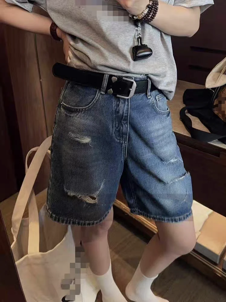 2025夏新款欧货时尚高腰配皮带破洞直筒四分裤休闲牛仔短款