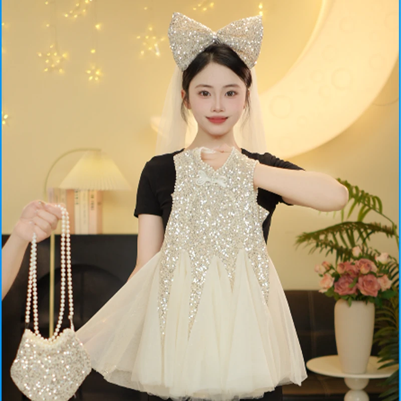2025新款夏季气质洋气时尚女童梦幻星耀亮片礼服公主连衣裙