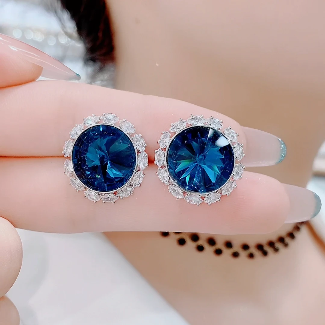 铜合金合成锆石耳饰 0897时尚奢华蓝色海洋之心百搭气质耳钉耳环