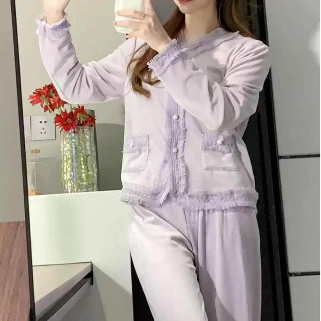 紫色流苏小香风睡衣女秋冬温柔减龄公主风保暖海岛绒长袖家居服