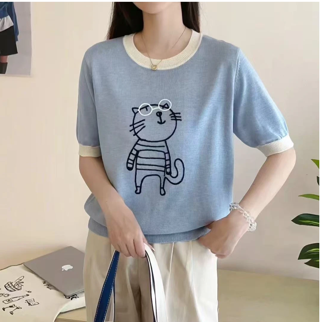 夏季精纺羊毛短袖女薄款圆领小猫刺绣宽松针织套头半袖背心YM1843