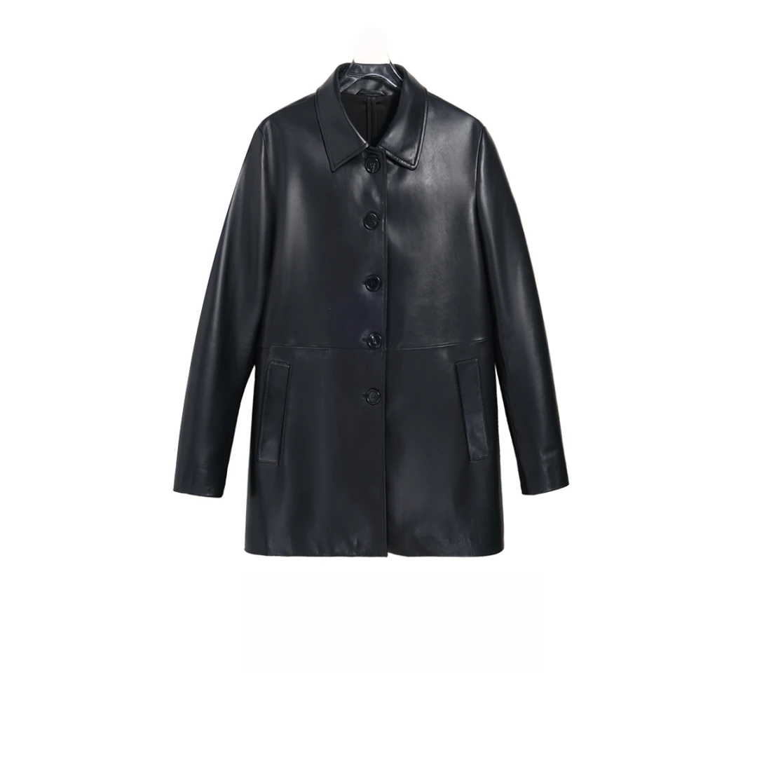 革序 立体剪裁真皮战袍串色极简中长款单排扣垂坠风衣 25687