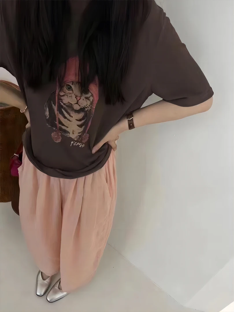 小芳家夏季韩系白粉松紧苎麻裤子