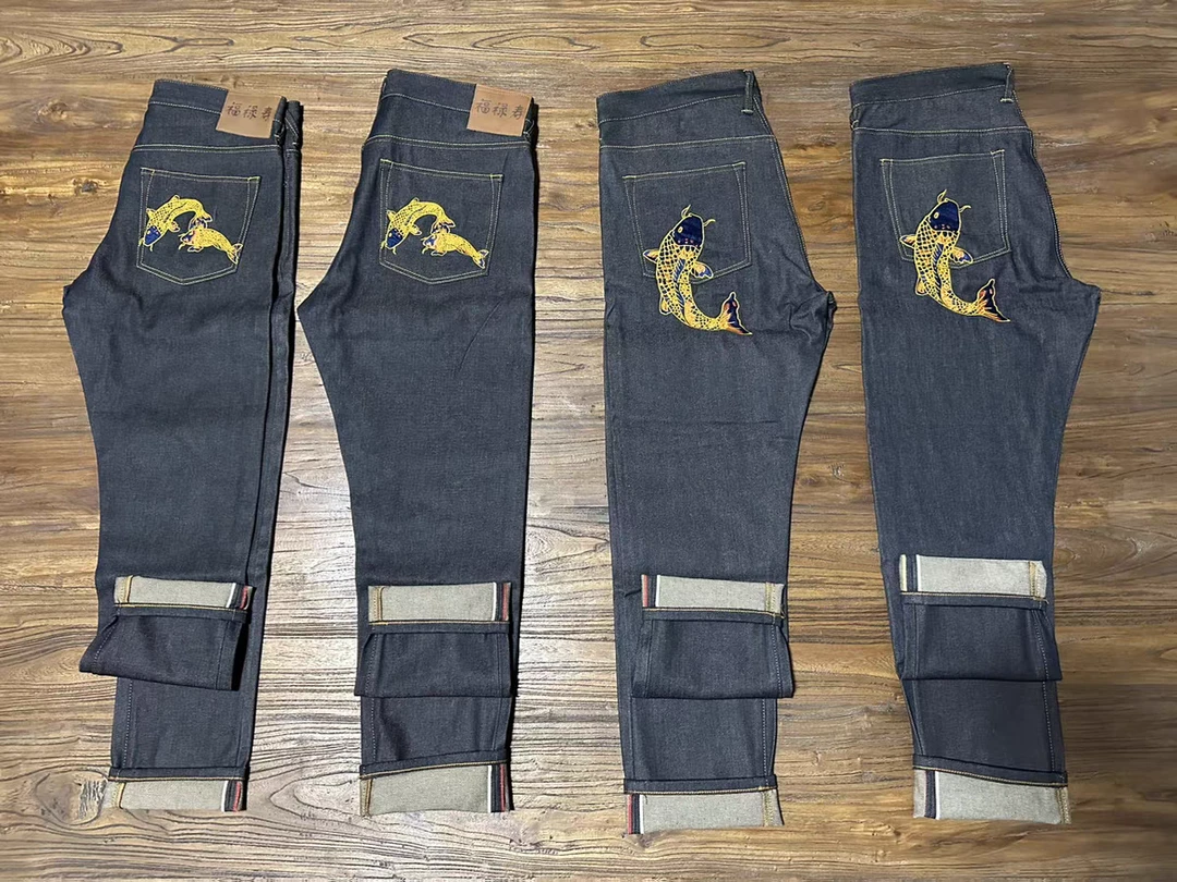 FDMTD福禄寿系列！元年锦鲤刺绣男士微锥赤耳包边丹宁原色牛仔裤