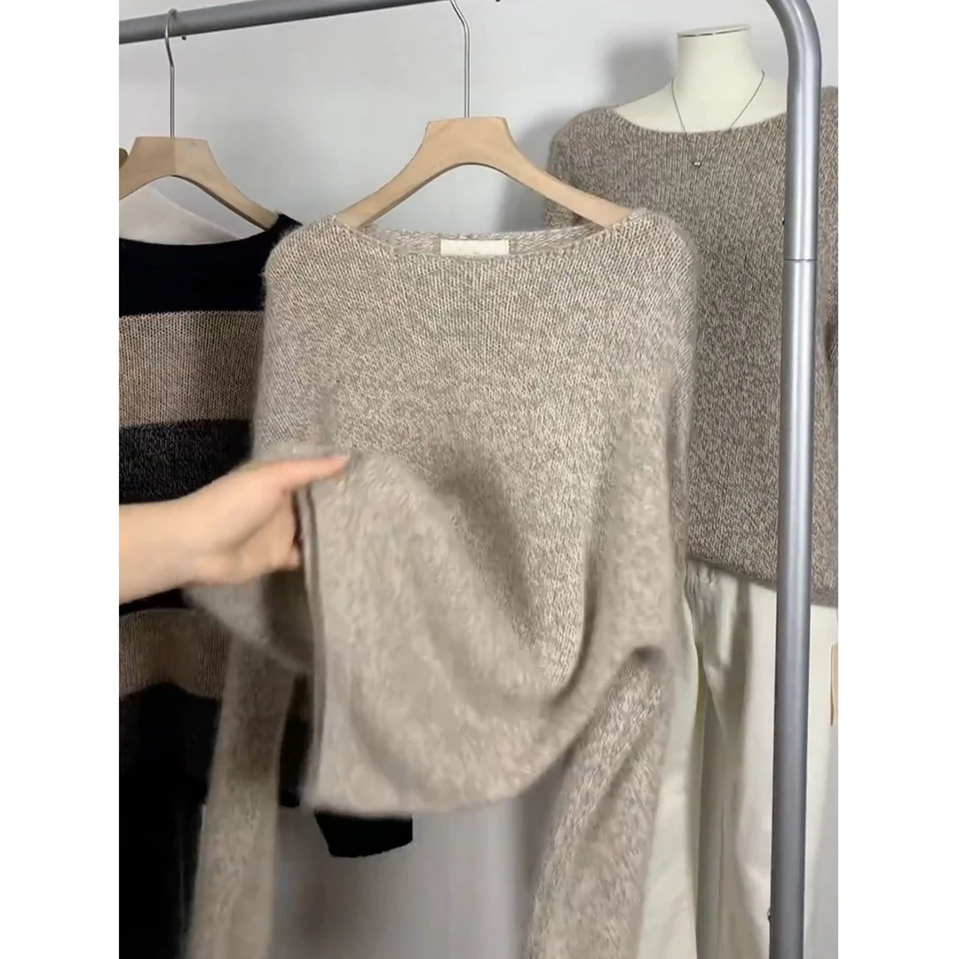 时尚高端慵懒风燕麦灰针织衫女2025早秋新款宽松高级感一字领毛衣