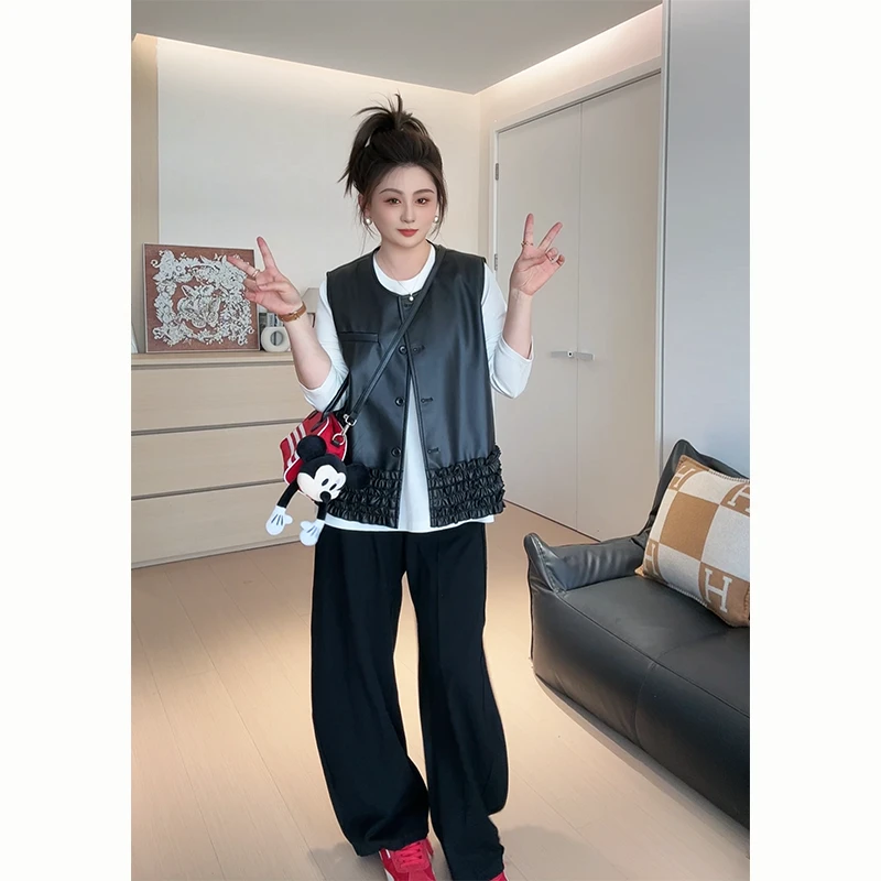 【胖佳佳】现货~街头艺术 皮马甲秋季新款时尚设计感外套H625Z13323