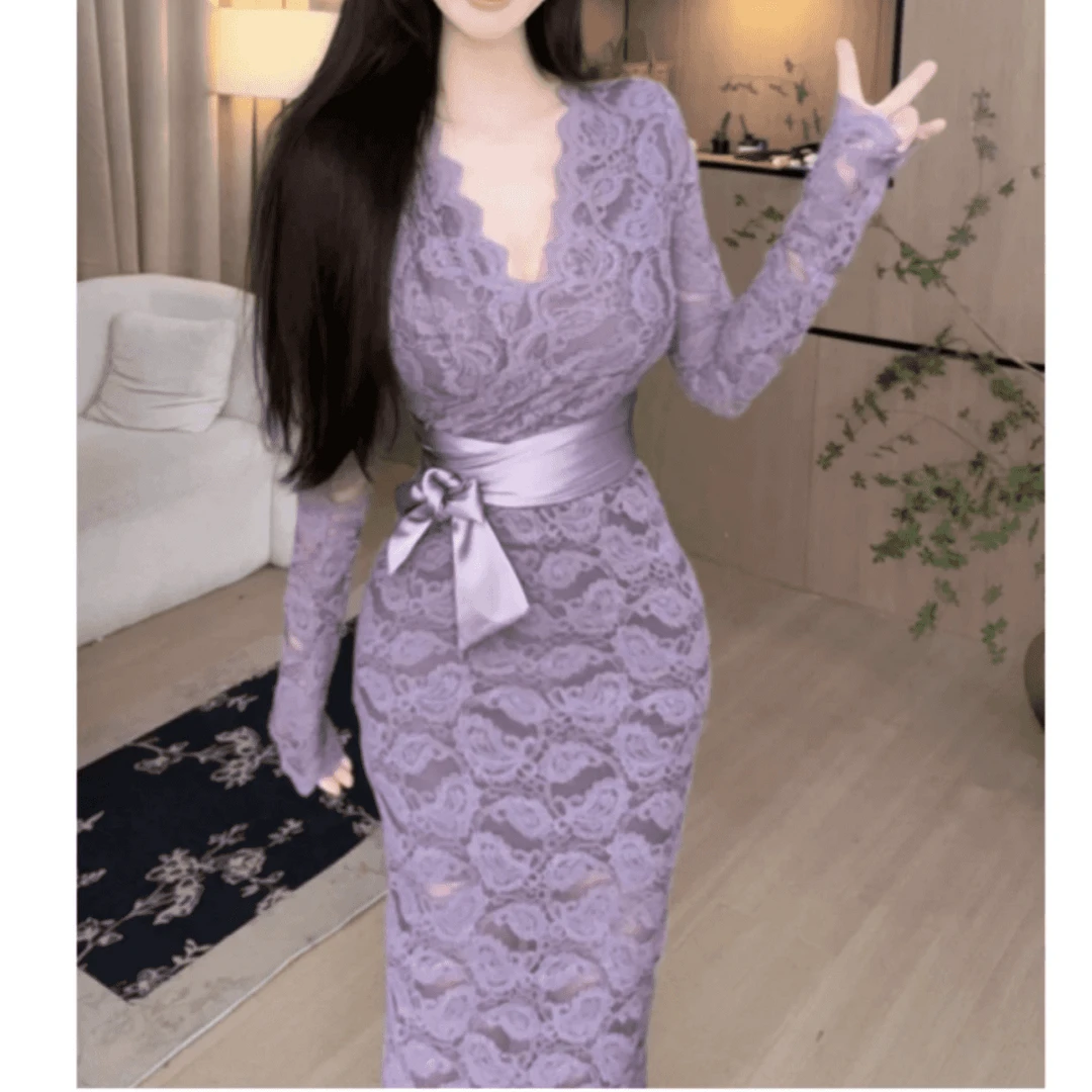 性感V领收腰显瘦蕾丝加绒毛连衣裙春季新款修身显瘦包臀裙