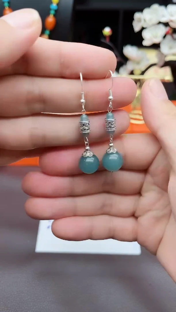 石英质玉（天山翠）银S925镶嵌耳饰420000