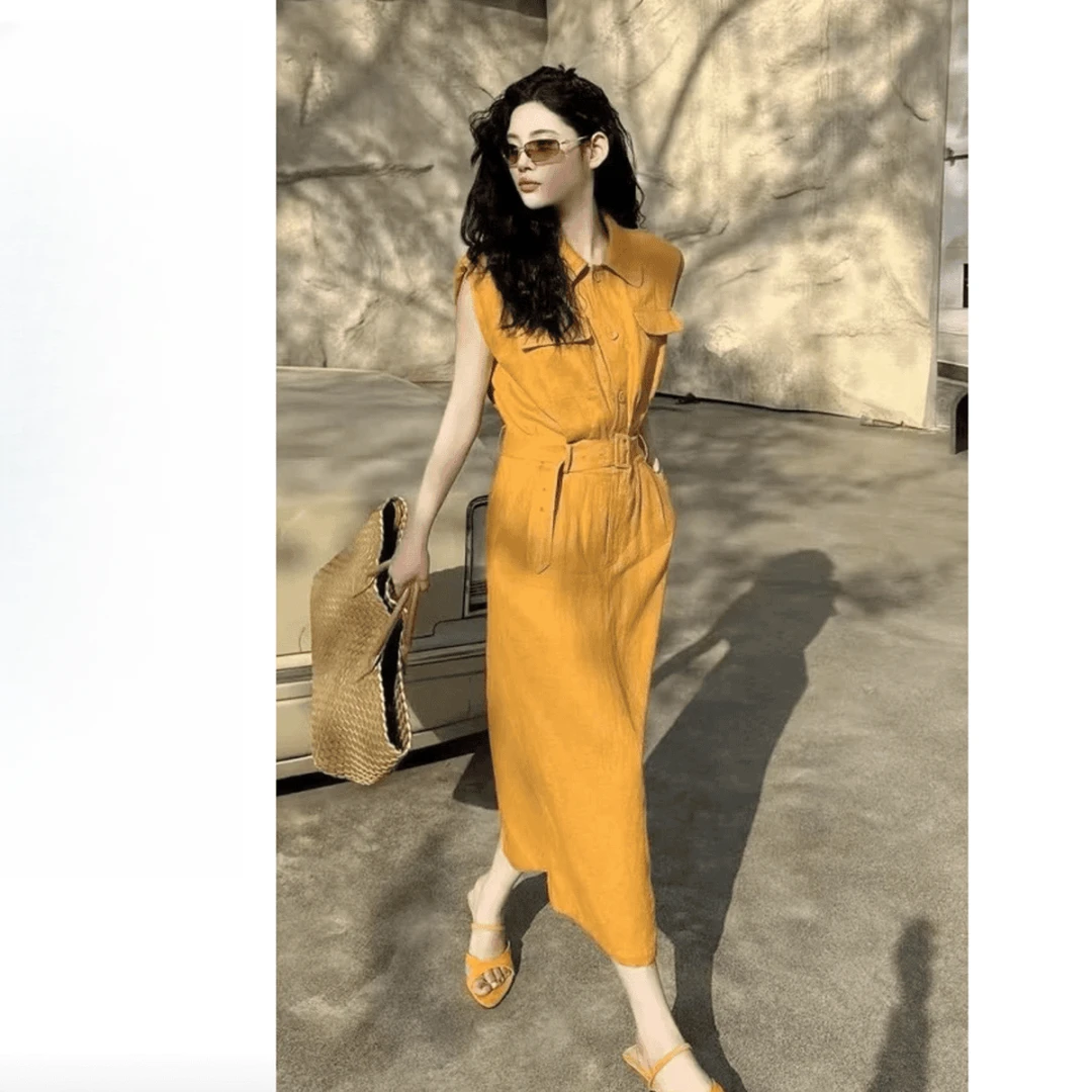 夏季亚麻天丝高级显瘦百搭不挑人连衣裙腰带两件套高品质