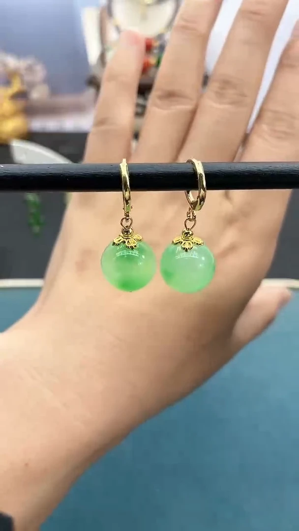 软玉14K金镶嵌耳饰14mm*海草绿耳包