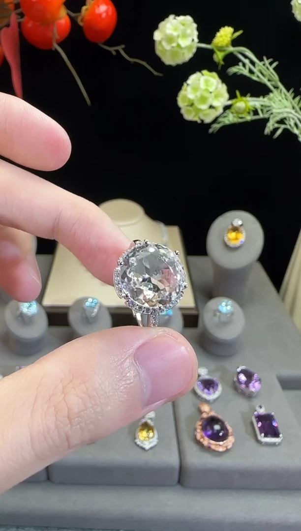 水晶戒指银S925镶嵌12mm白水晶戒指