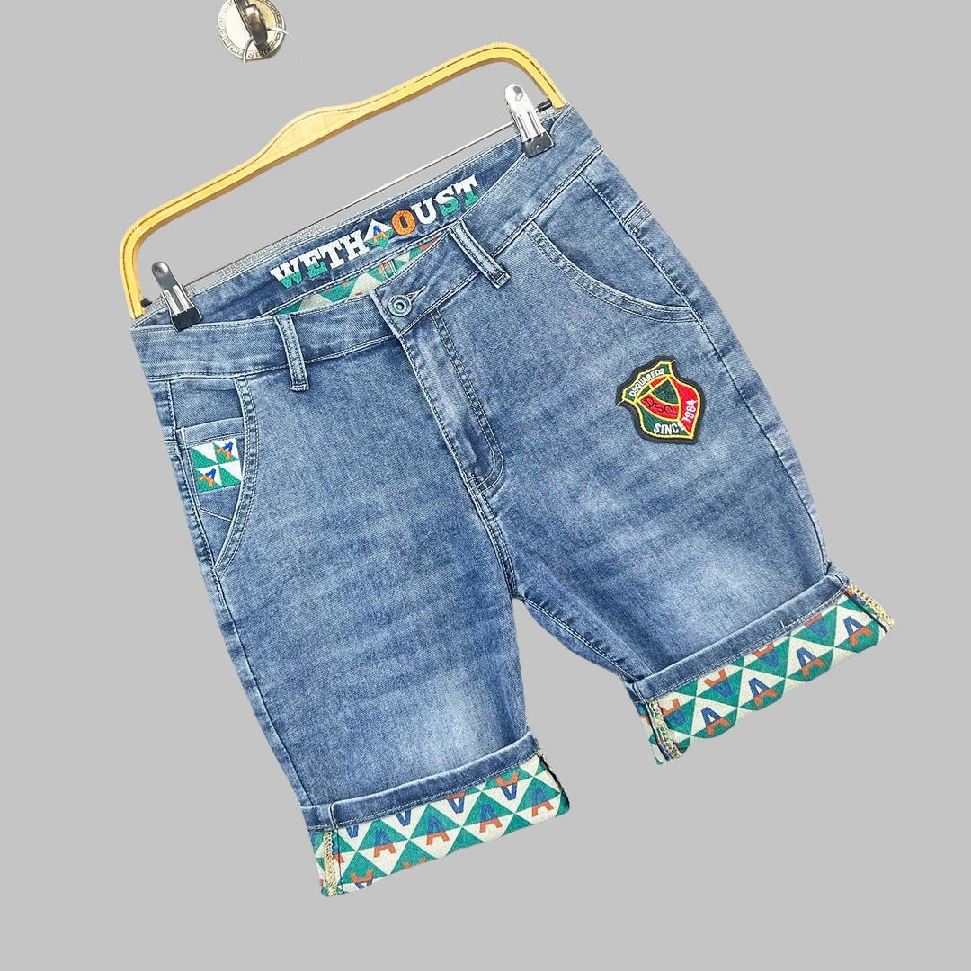 夏天薄款牛仔短裤男款刺绣宽松夏季时尚潮牌弹力印花男士五分中裤