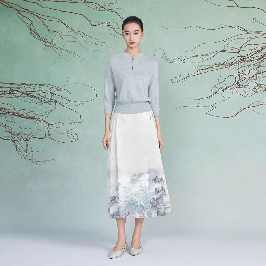 圣可尼国风新中式套头立领刺绣羊毛打底衫针织上衣女S130218NF