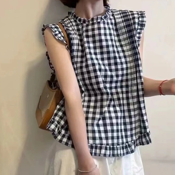 上衣时尚休闲百搭夏季格纹女装显瘦气质短款复古宽松黑白圆领拼接