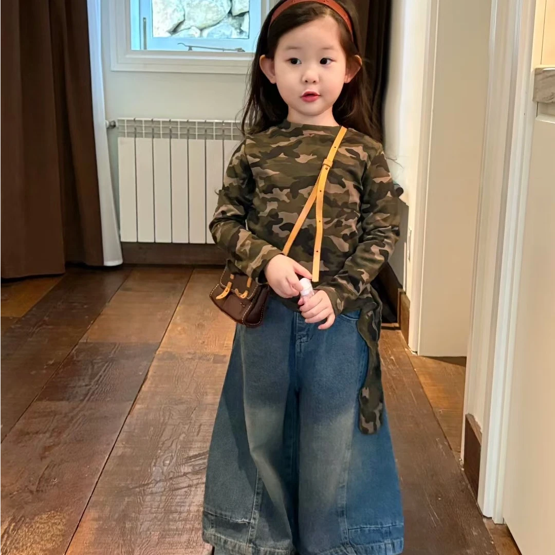 壹妈童装女童早秋时髦套装辣妹风迷彩长袖t恤上衣宝宝牛仔阔腿裤