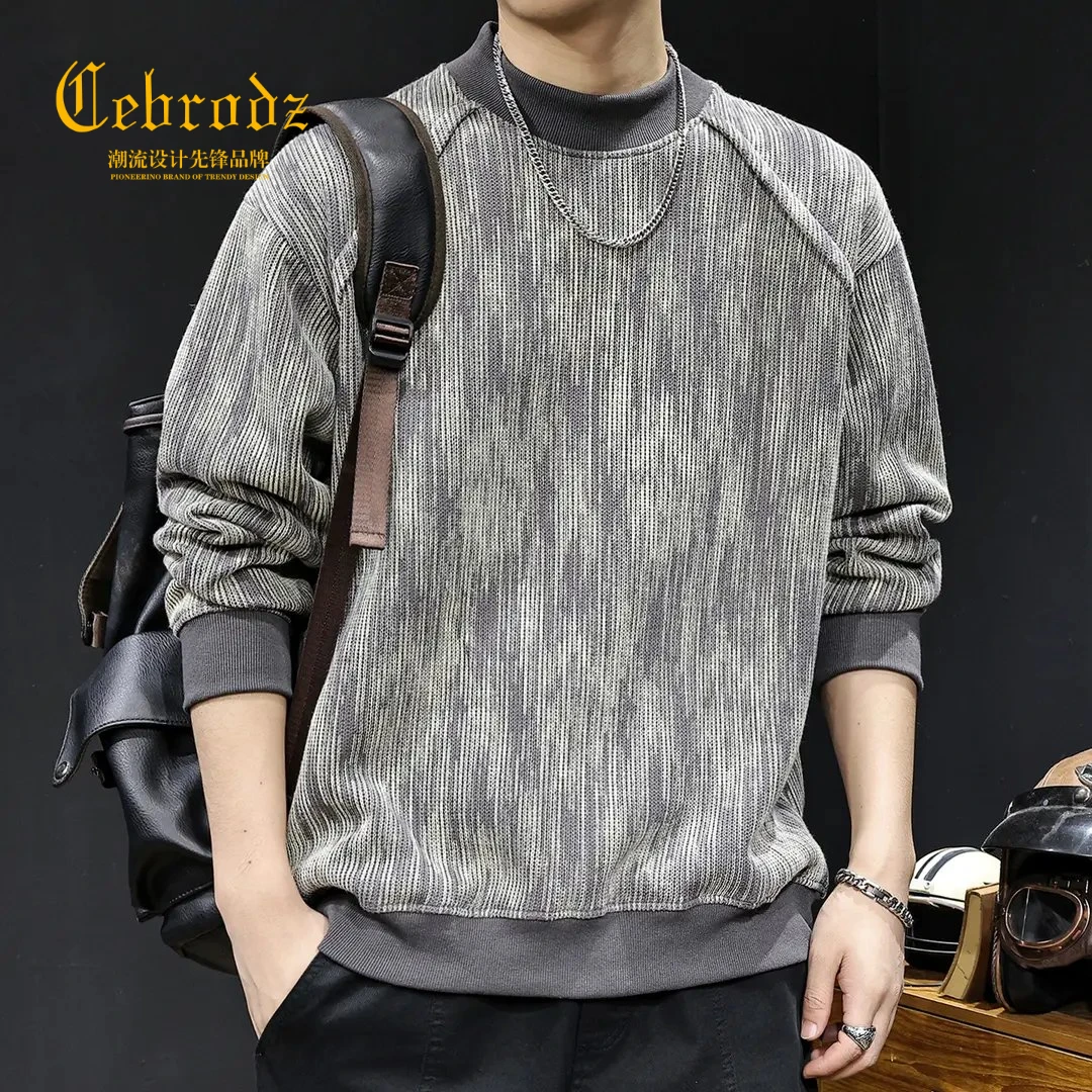 法国Cebrodz复古印花纹理感卫衣男新款秋休闲长袖百搭舒适简约