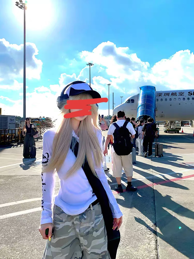 辣椒酱 新美式朋克长袖连帽T恤哥特风防晒罩衫修身薄纱上衣女辣妹