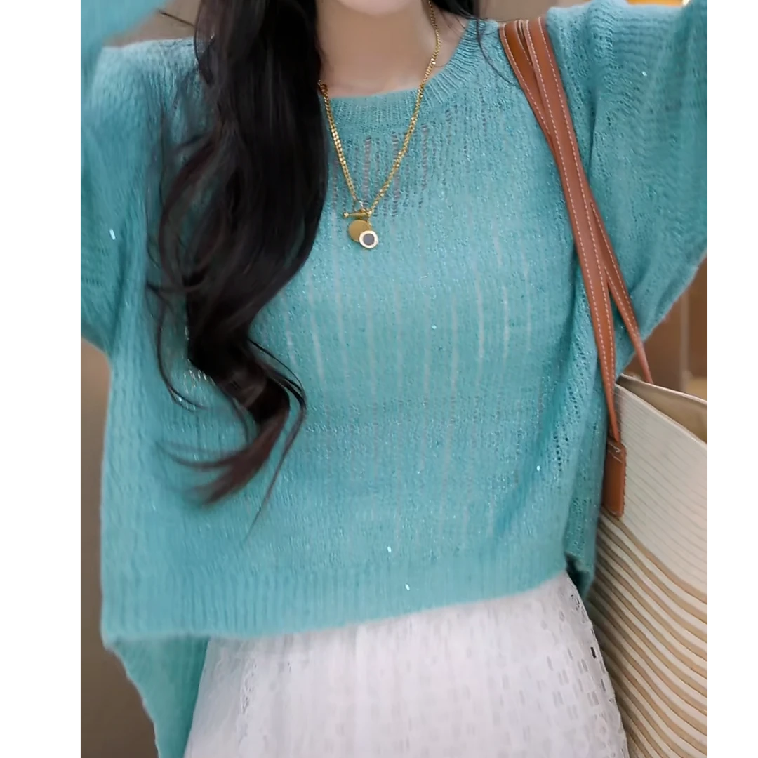 欧若风后背纽扣设计感亮丝针织衫女2025新款春季短款长袖罩衫上衣