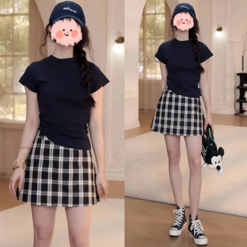 洋气衣服女2025夏季时尚显瘦短袖T恤上衣百搭格子半身裙裤套装女