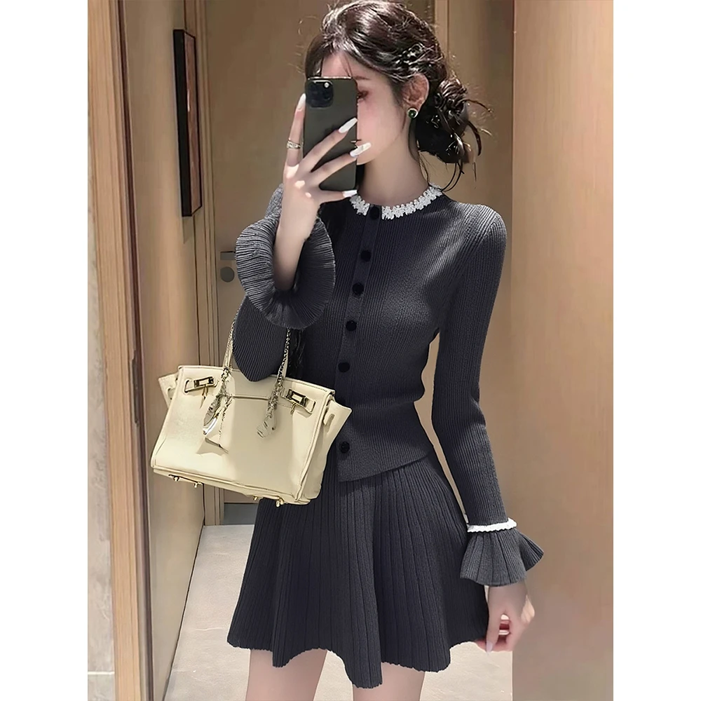 小香风套装女2026秋冬圆领花边修身针织开衫外套百褶半身裙两件套