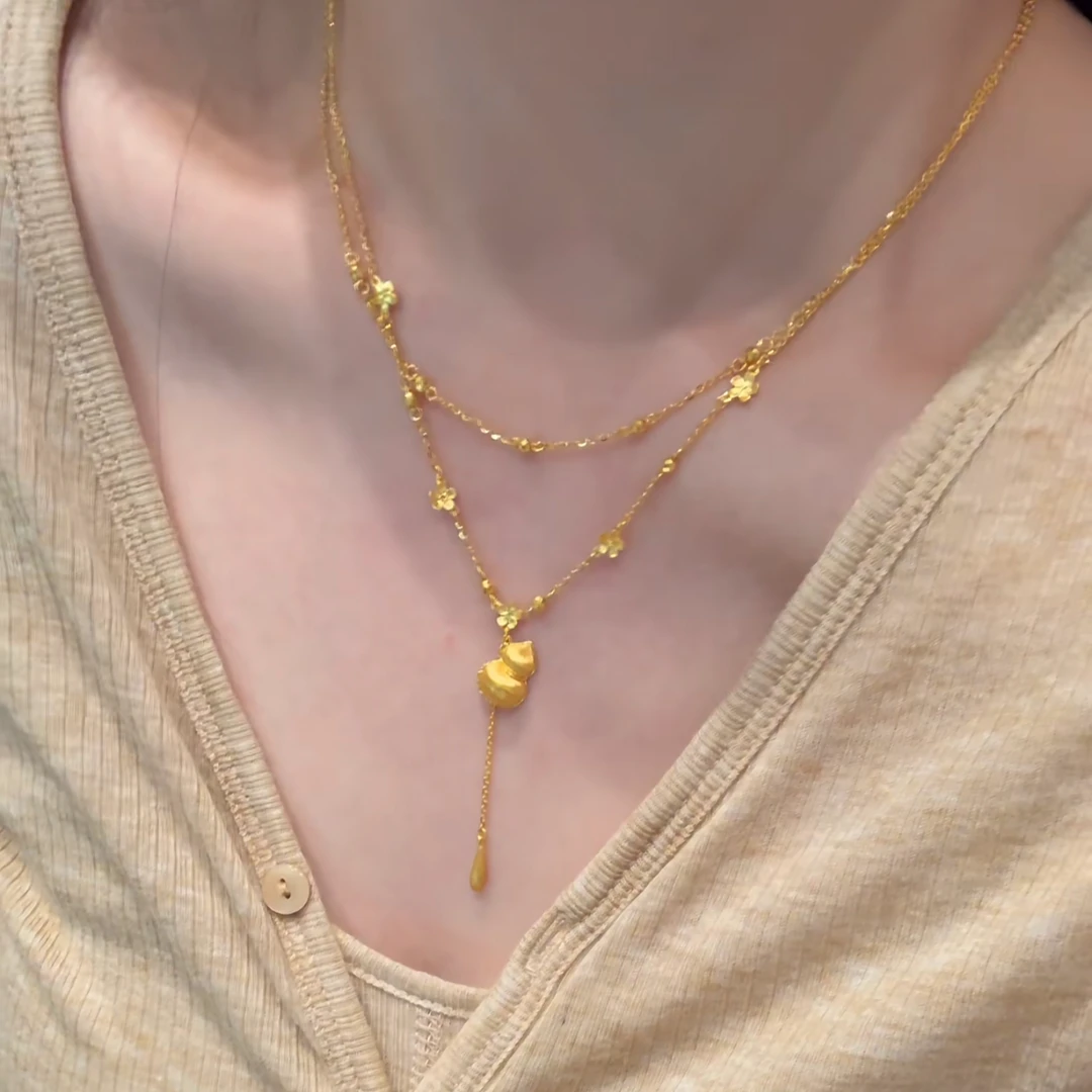 铜合金项链 双层葫芦生花项链新中式锁骨链高级感颈链轻奢配饰