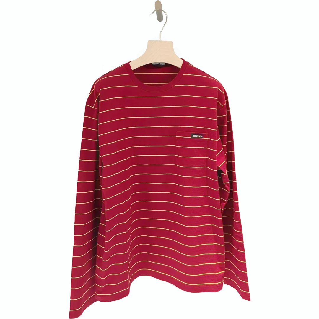 【本命红】谬家专柜同色早秋黄间撞色条纹棉质长袖T恤