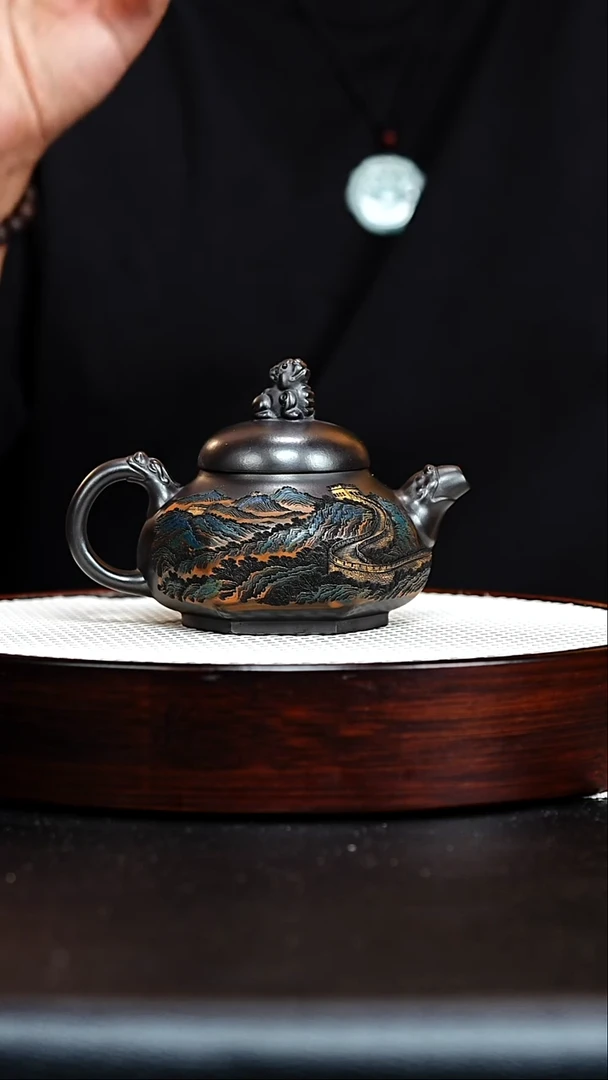 茶壶紫砂宜兴紫砂 石黄 梅付春（彩陶刻）