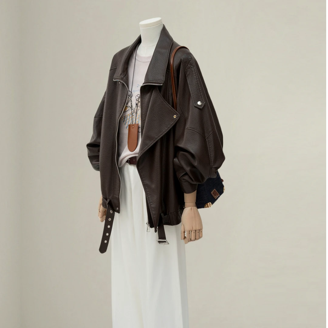 高级感棕色重工皮衣外套女春秋季新款爆款酷飒风机车黑色夹克上衣