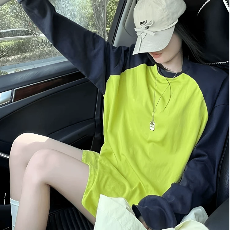 欧洲站2025秋季新款欧货针织袖撞色宽松显瘦薄款长袖T恤防晒衣女