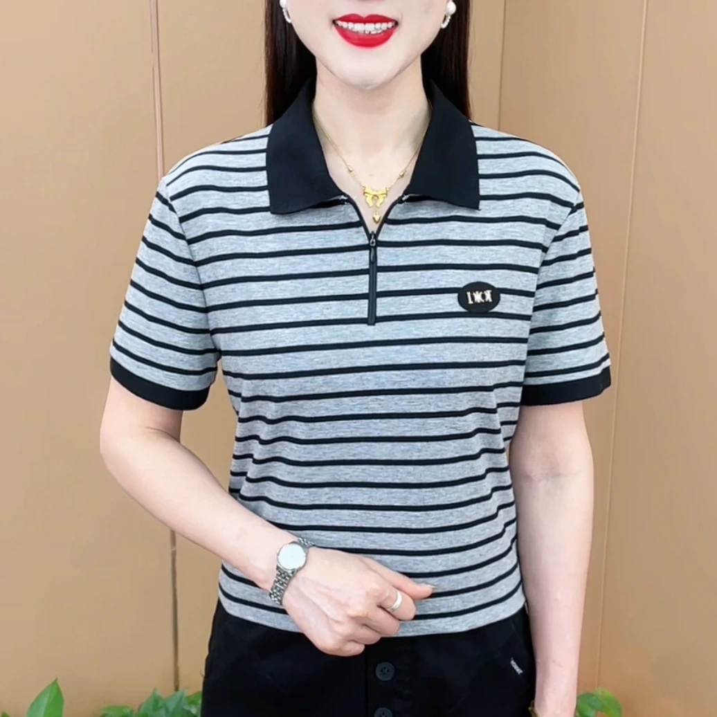 夏季条纹韩版显瘦休闲风拼色翻领休闲t恤气质短袖女士上衣M859