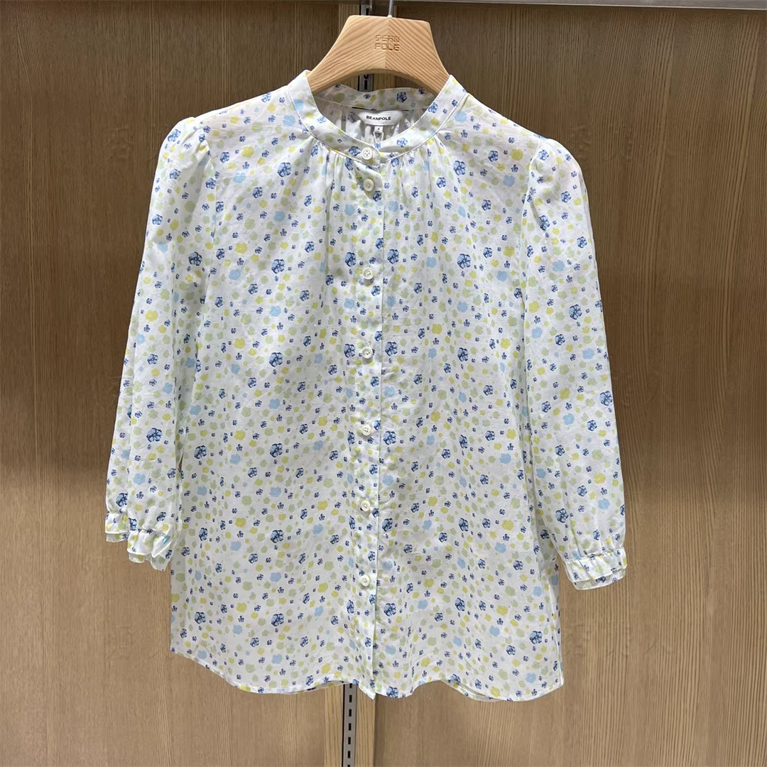 夏女士碎花单排扣短袖衬衫设计感小众气质百搭