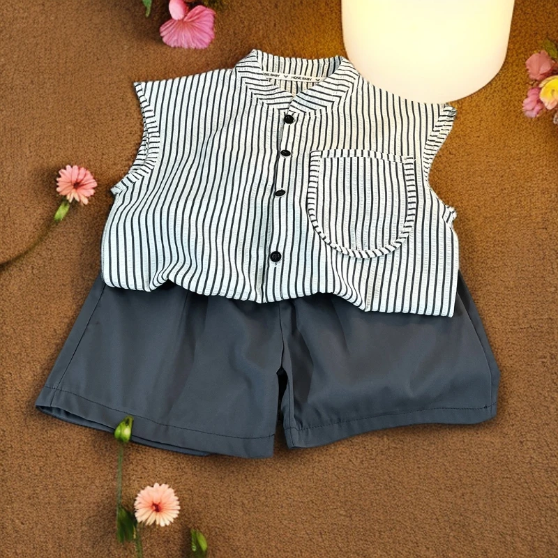 2025新款夏季儿童套装背心衬衫+短裤套装男女宝同款洋气泡芙棉