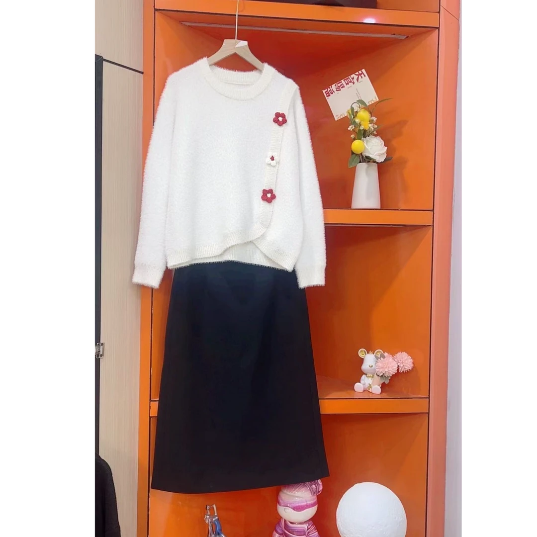 不起球花朵白色长袖套头款针织时尚圆领百搭花朵气质毛针织衫套头