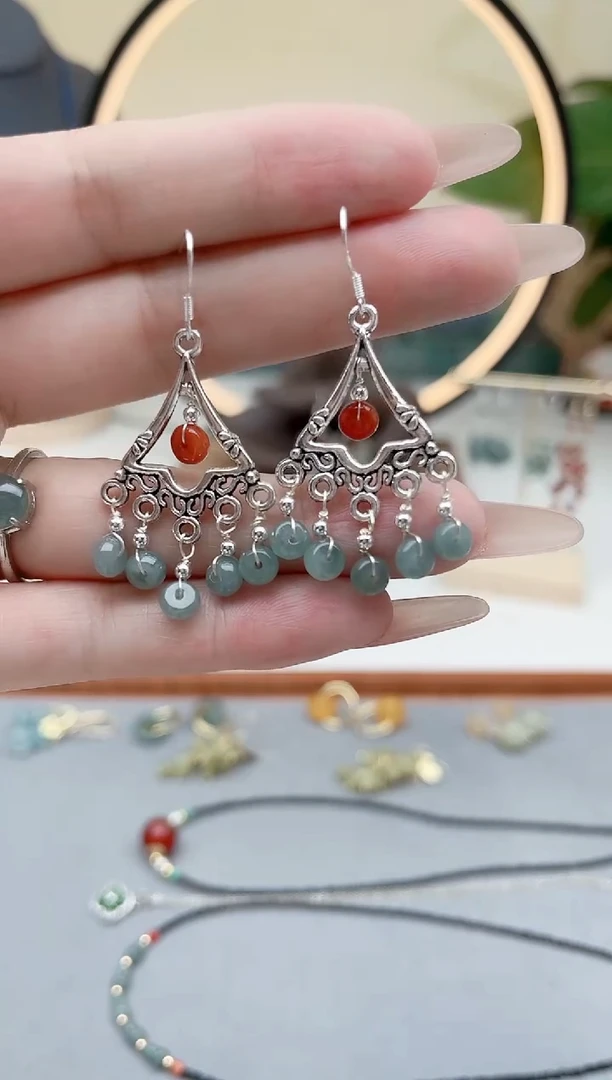 翡翠银S925镶嵌耳饰00翡翠国风新款