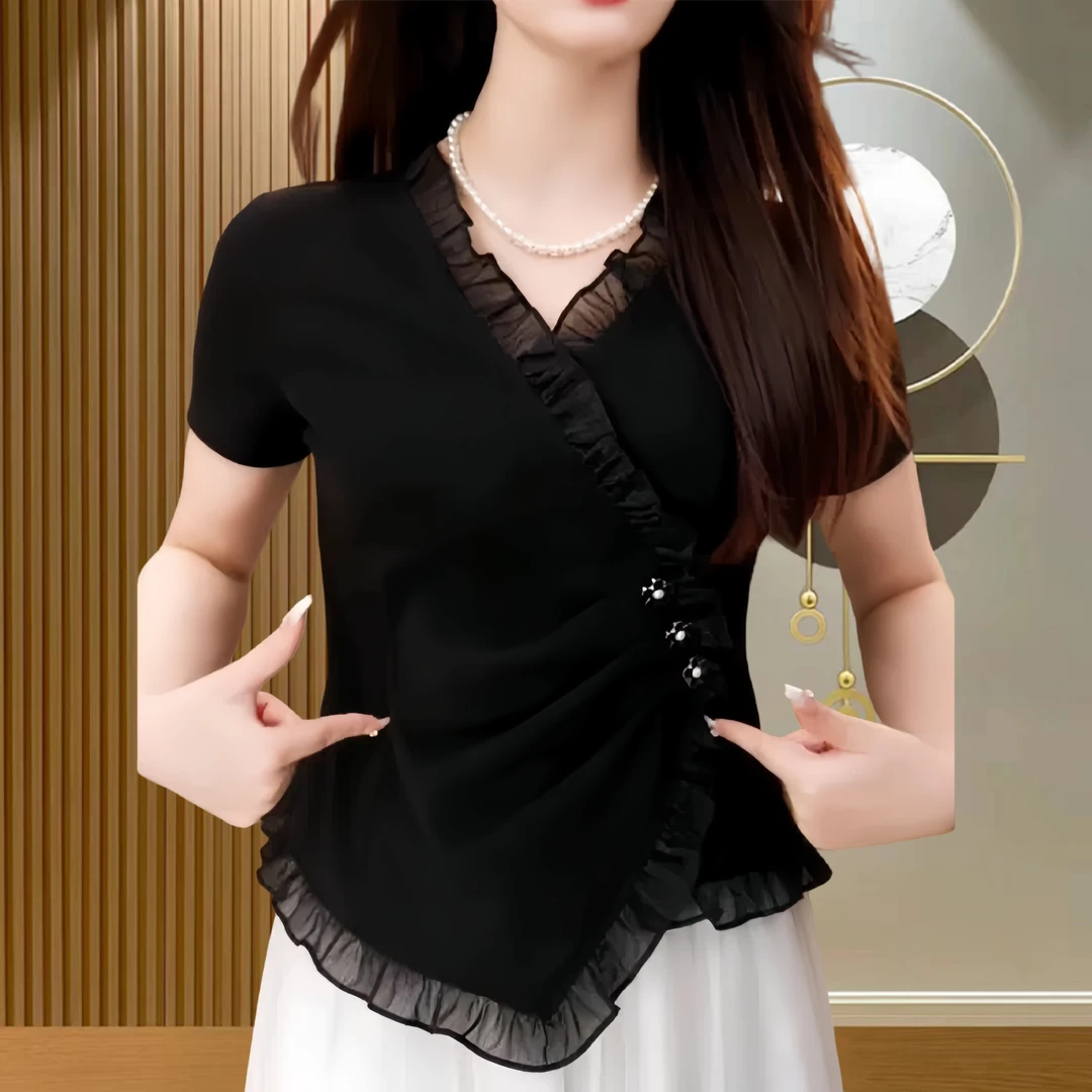 荷叶边女士短袖T恤女2025夏季新款洋气小衫时尚V领交叉显瘦上衣女