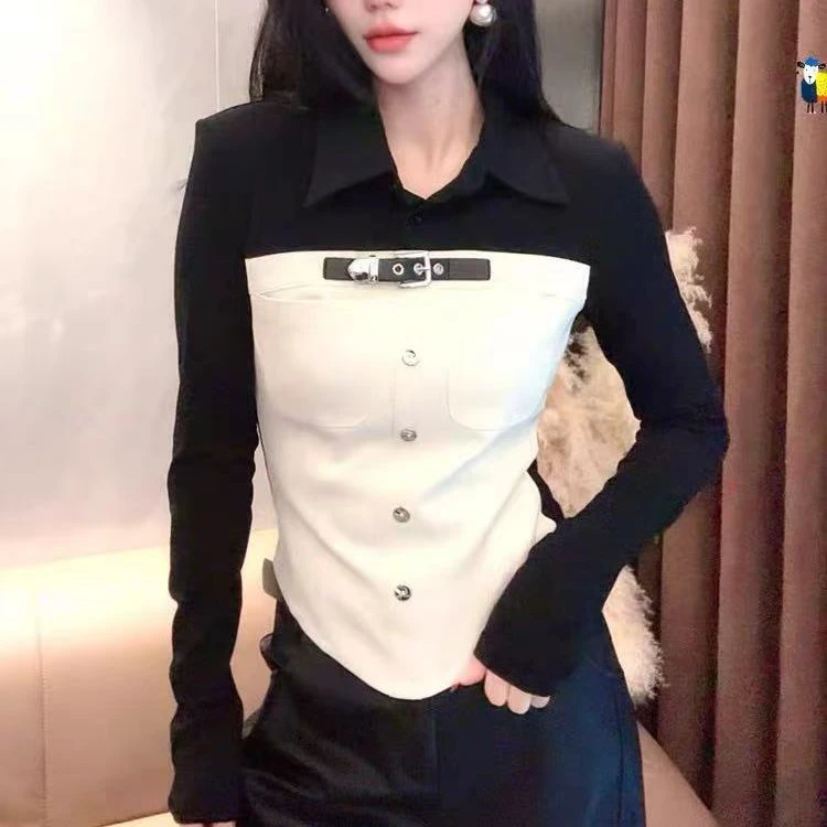 【晨浠定制】新款时尚显瘦拼接皮扣百搭衬衫上衣719