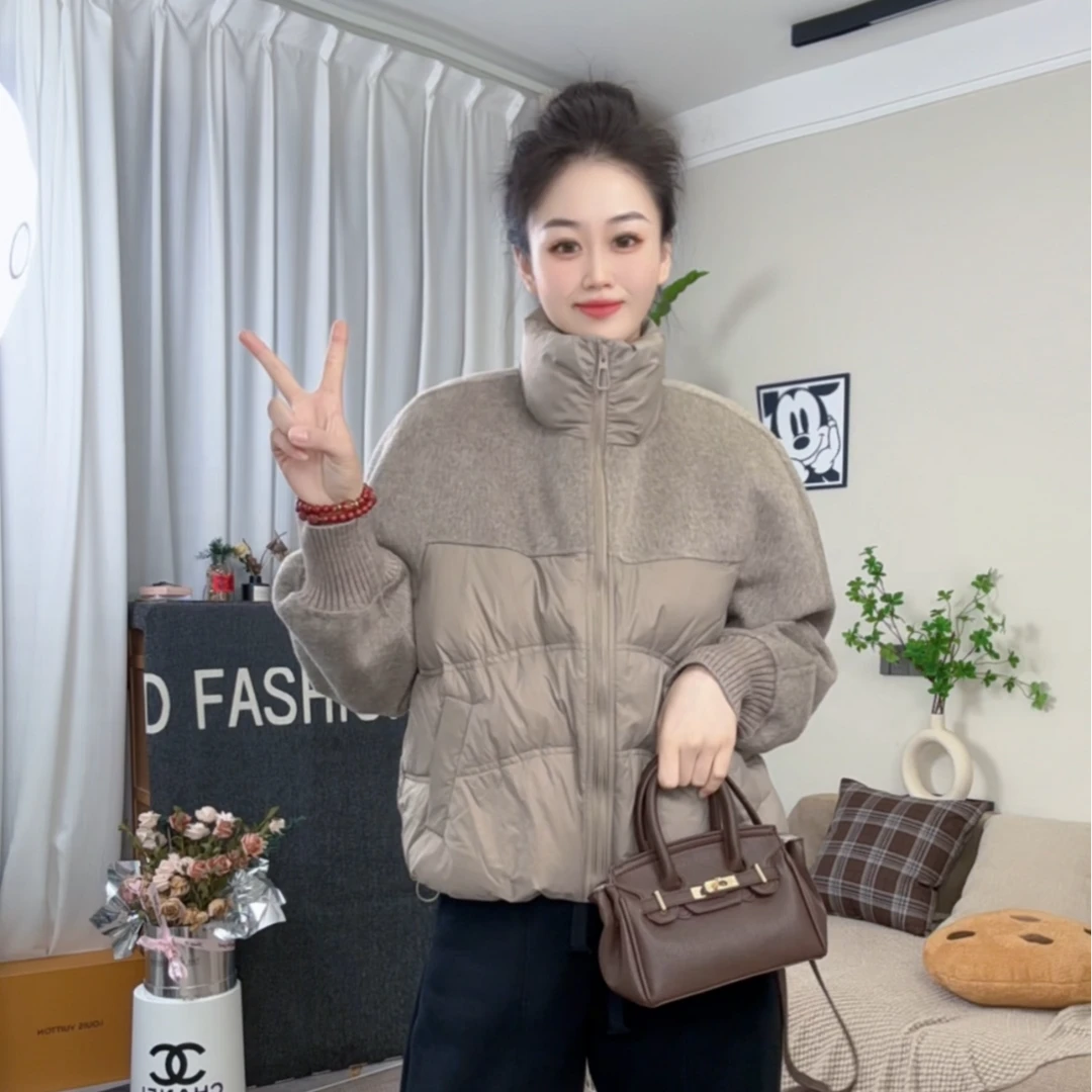 冬装新款双面羊绒拼接90羽绒服立领拉链白鸭绒外套小个子