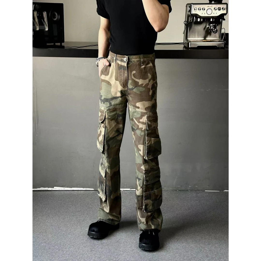 AIXKOM｜｜2025秋冬新款美式复古显高显瘦直筒窄版水洗迷彩牛仔裤