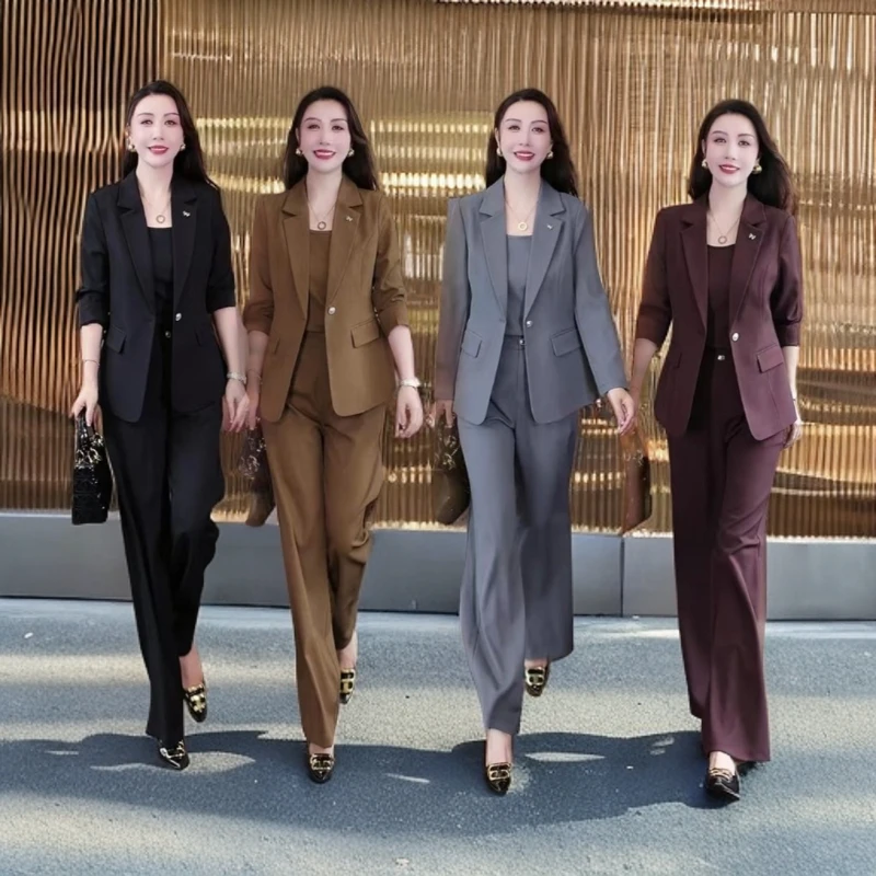 时尚气质职业套装女秋季新款洋气小西装外套吊带阔腿裤显瘦三件套