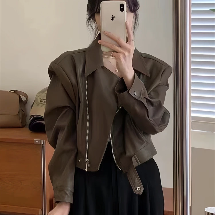 网红复古气质短款皮衣外套女春秋新款韩版宽松显瘦小个子皮夹克潮